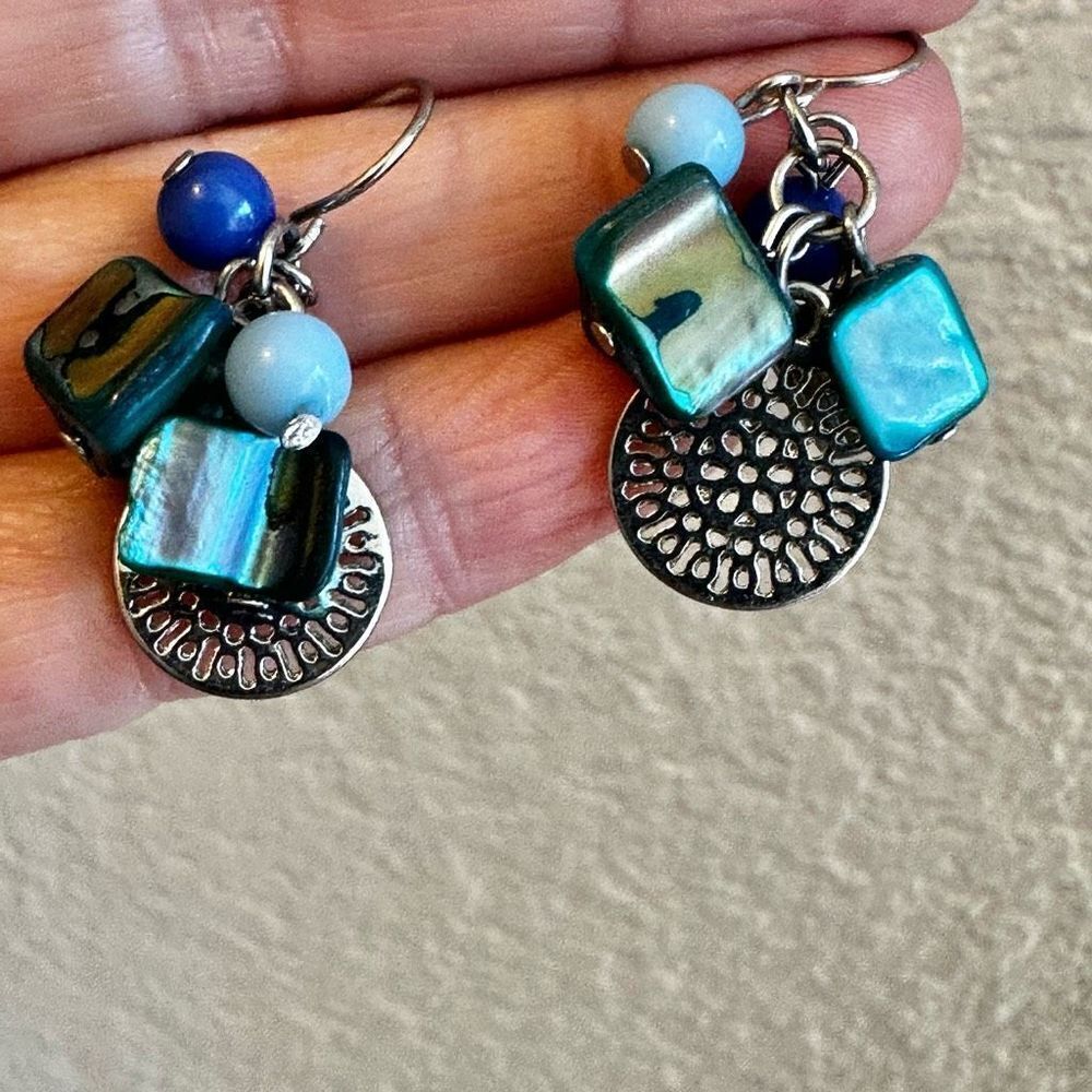 Blue abalone cluster beaded drop earrings